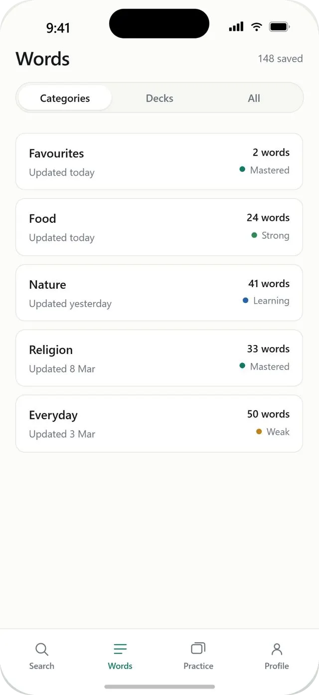 The Words tab, showing categories such as Food, Nature and Religion with how many words each holds and how well they are known.