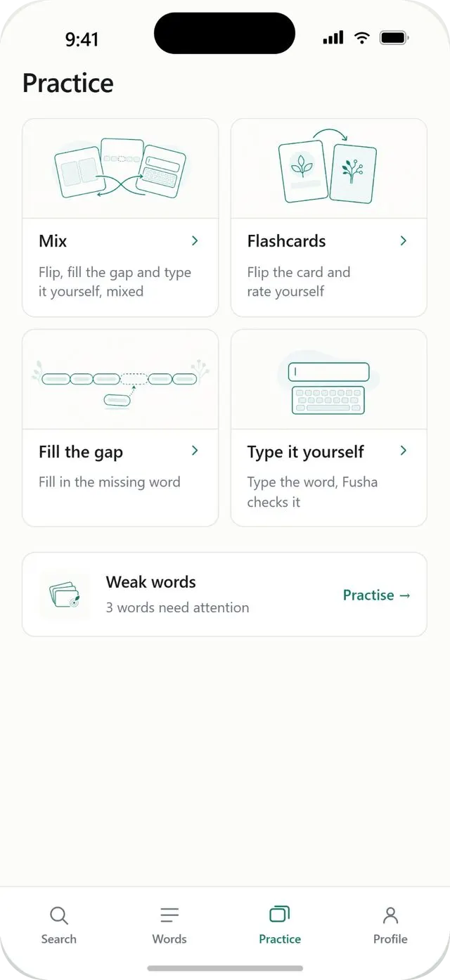 The Practice tab, offering Mix, Flashcards, Fill the gap and Type it yourself, with a row for weak words that need attention.