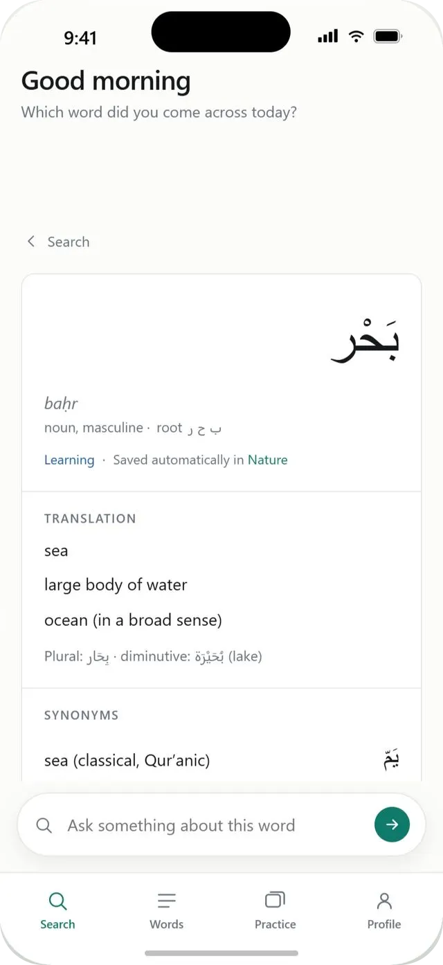 A word card for baḥr, showing the Arabic spelling, its root, three translations, the plural and diminutive, and a synonym.